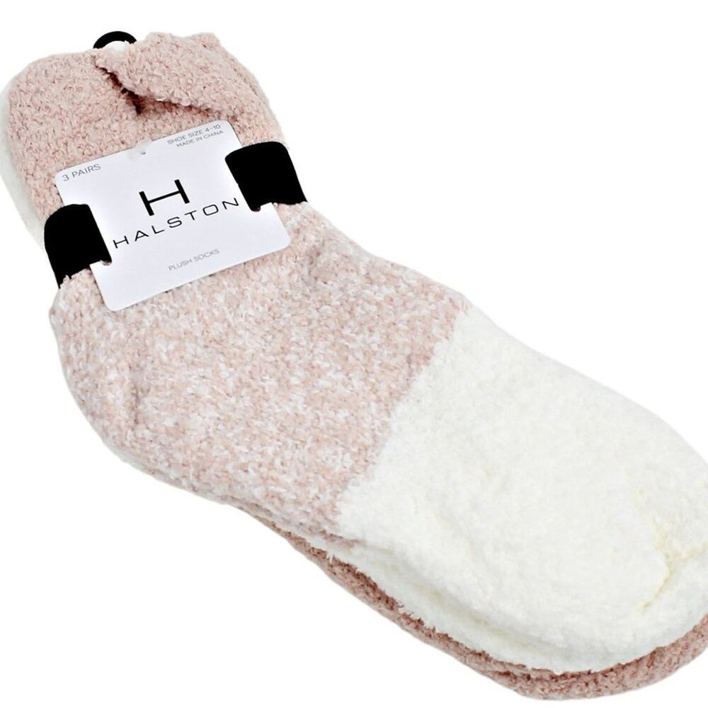 Halston Women's Plush Short Socks 3 Pairs Soft Blush Mauve Pink & Cream NEW